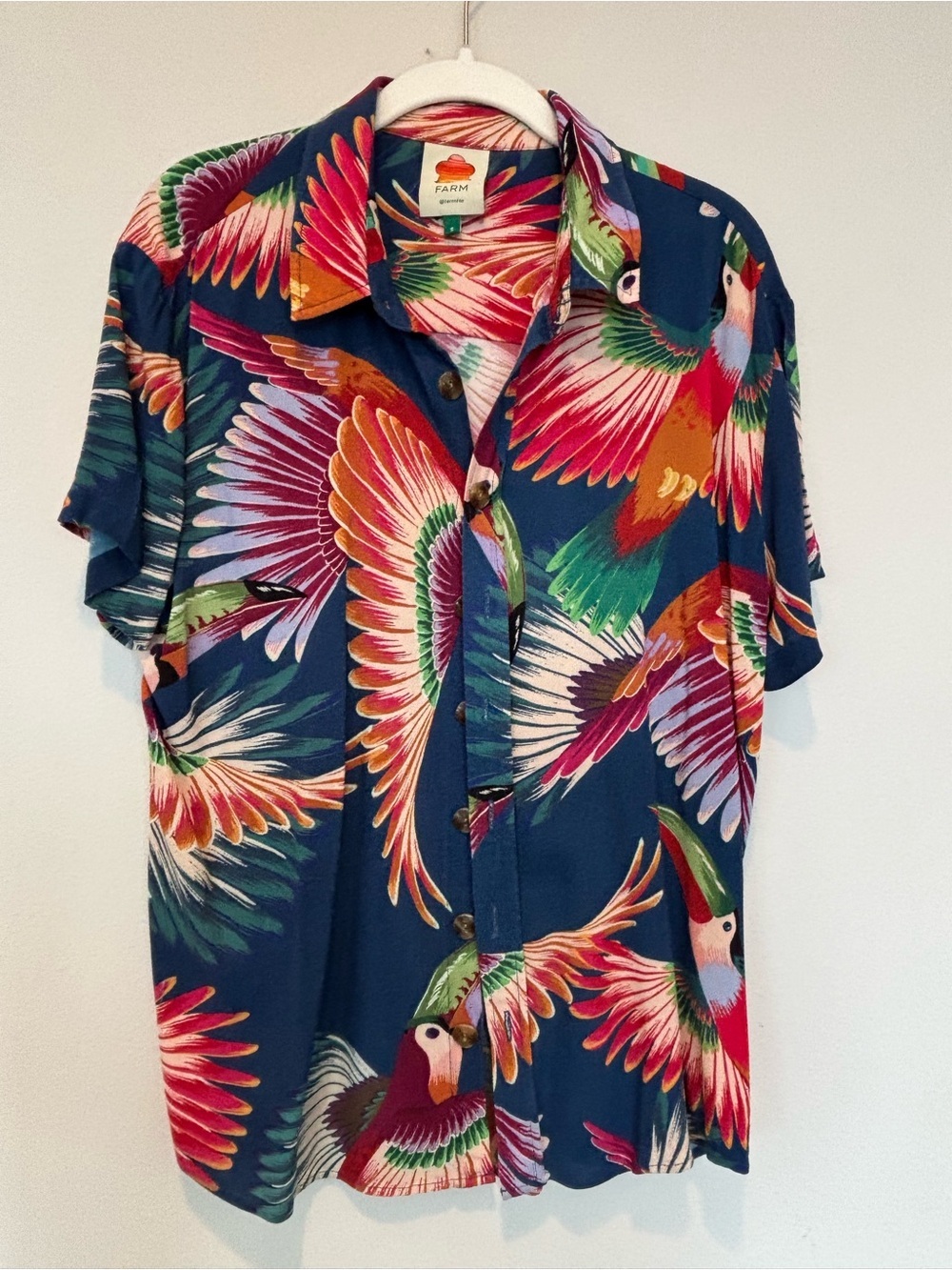 FARM Rio Navy Multicolor Parrot Print Button-Down Shirt